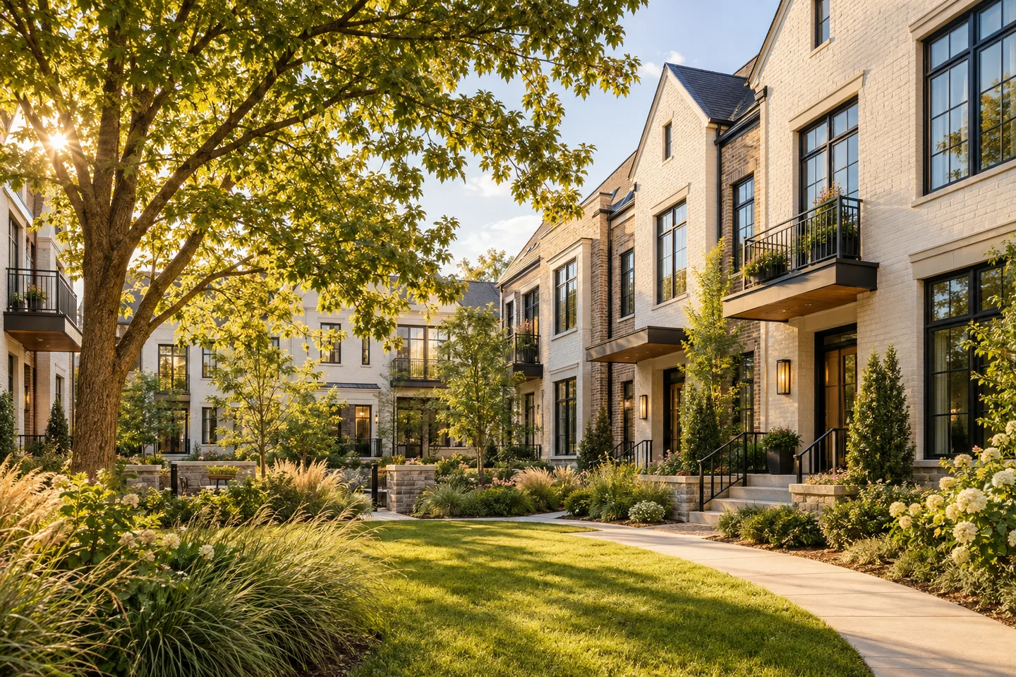 Landscaped residential community with welcoming brick homes